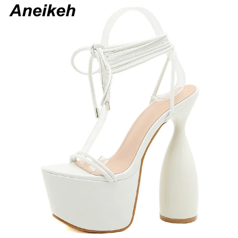 Aneikeh 2022 Spring Narrow Band Fashion Platform Ankle-Wrap Lace-up Sandalias De Las Sweet PU Peep Toe Thin Heels New Size 35-40