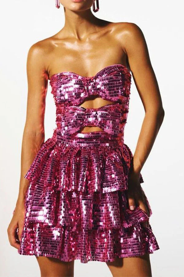 Sequined Glittery Bow Design Tiered Mini Dress