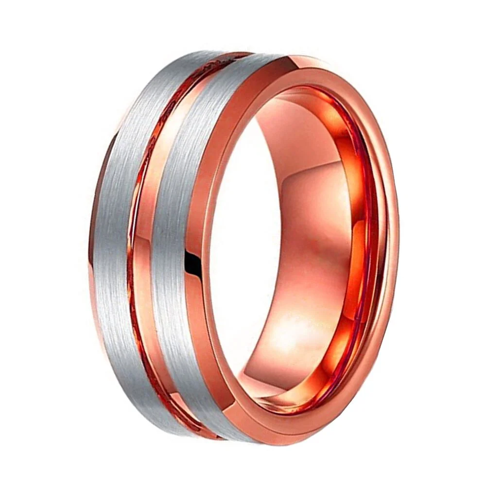6MM 8MM Rose Gold Grooved Womens Tungsten Rings Silver Brushed Surface