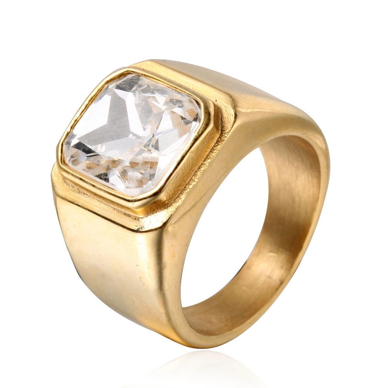 Retro Square Titanium Steel Inlay Gem Glass Stone 18K Gold Plated Men’S Rings