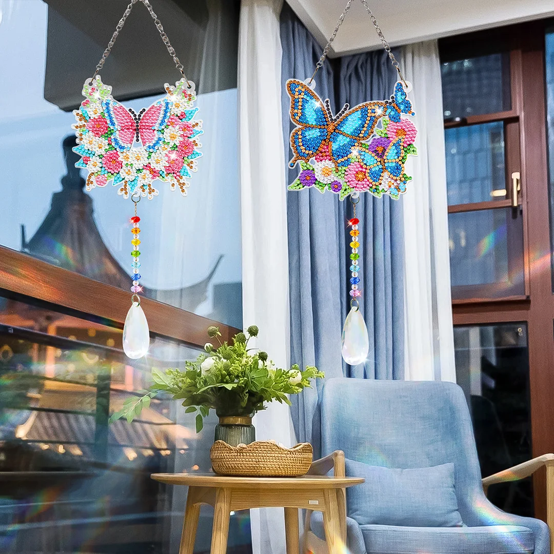 2Pcs Flowers and Butterflies DIY Acrylic Diamond Painting Art Wind Chimes with Crystal Pendant Diamond Art Hanging Pendant Double-Sided for Adults Beginners Gift Home Garden Decor