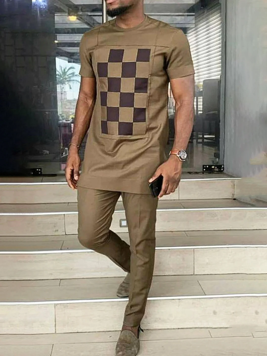 Men's chic casual khaki geometric print suit