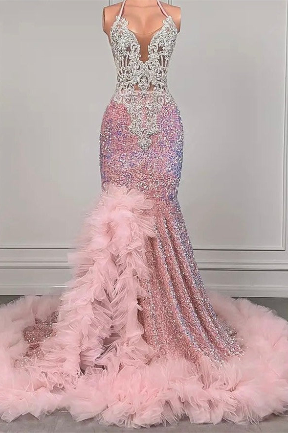 Luluslly Pink Halter Mermaid Prom Dress Sequins Sleeveless Beadings With Tulle Ruffle