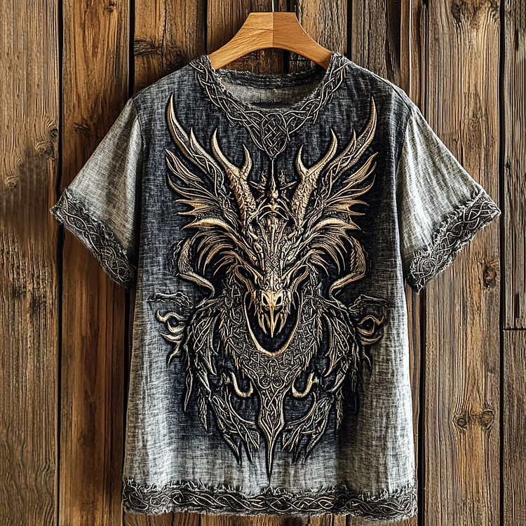 Men's Viking Celtic Wolf Head Washed Contrast Color Linen T-shirt