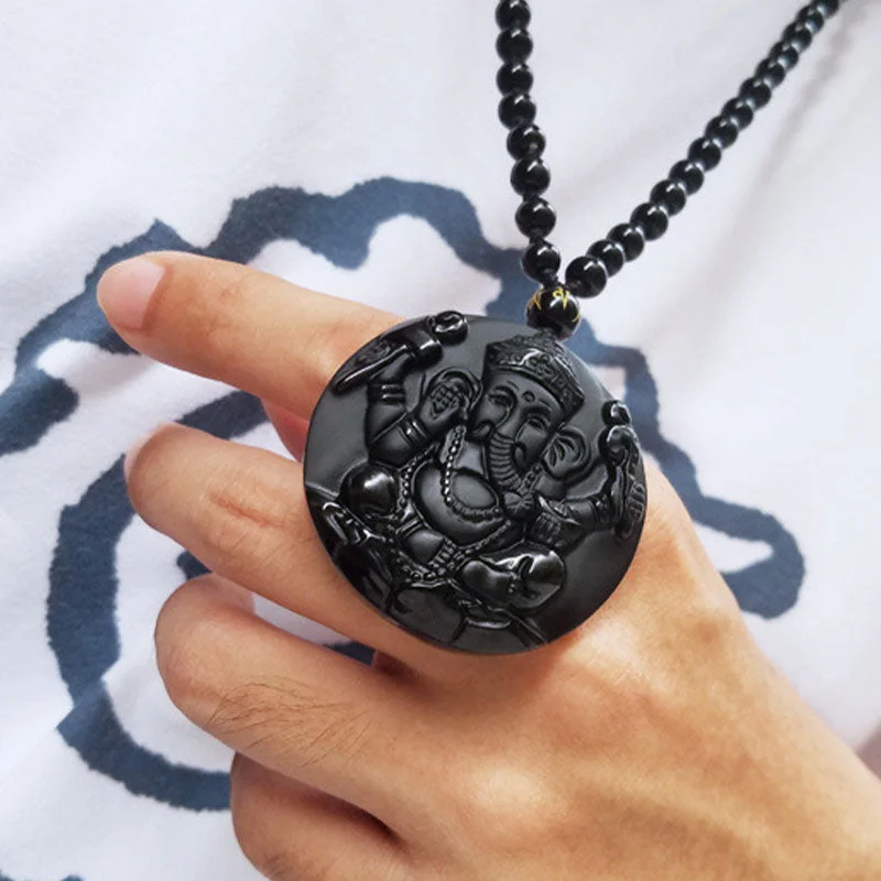 Black Obsidian Ganesh Ganpati Elephant Protection Pendant Necklace