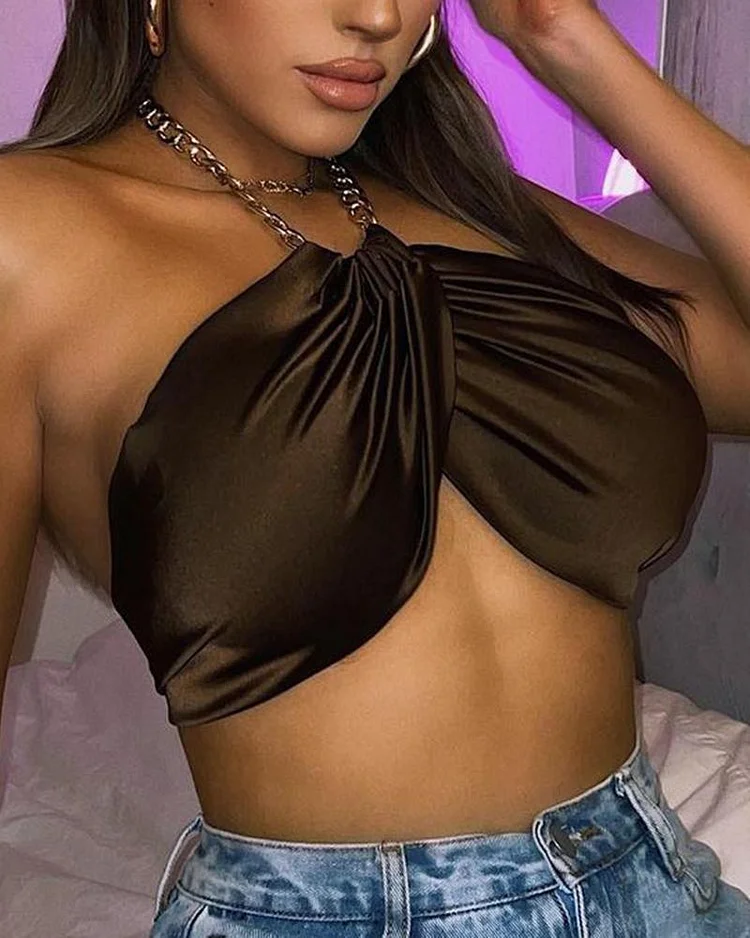 Metal Chain Wrapped Chest Strap Halterneck Top