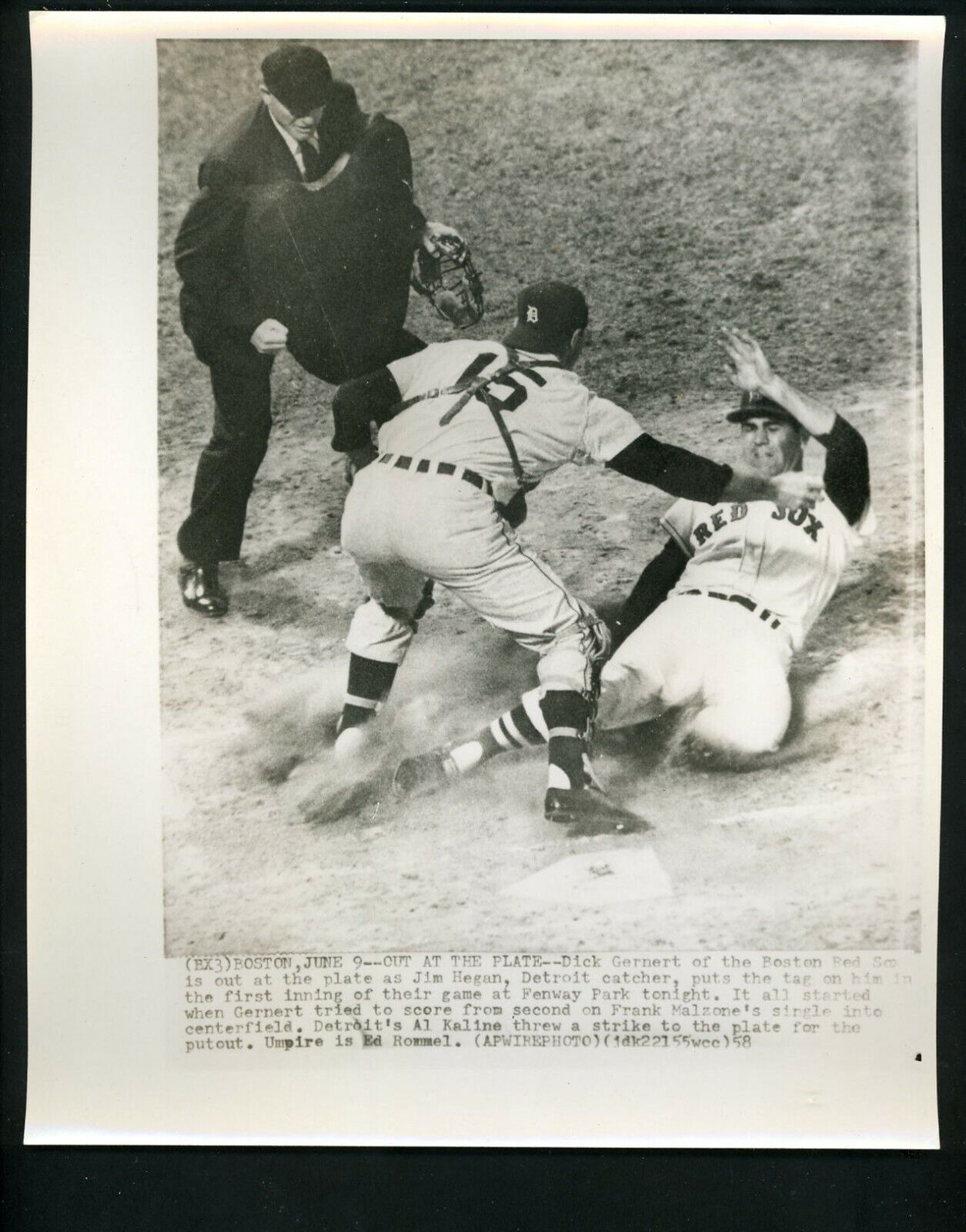 Jim Hegan Dick Gernert Ed Rommel 1958 Press Photo Poster painting Boston Red Sox Detroit Tigers