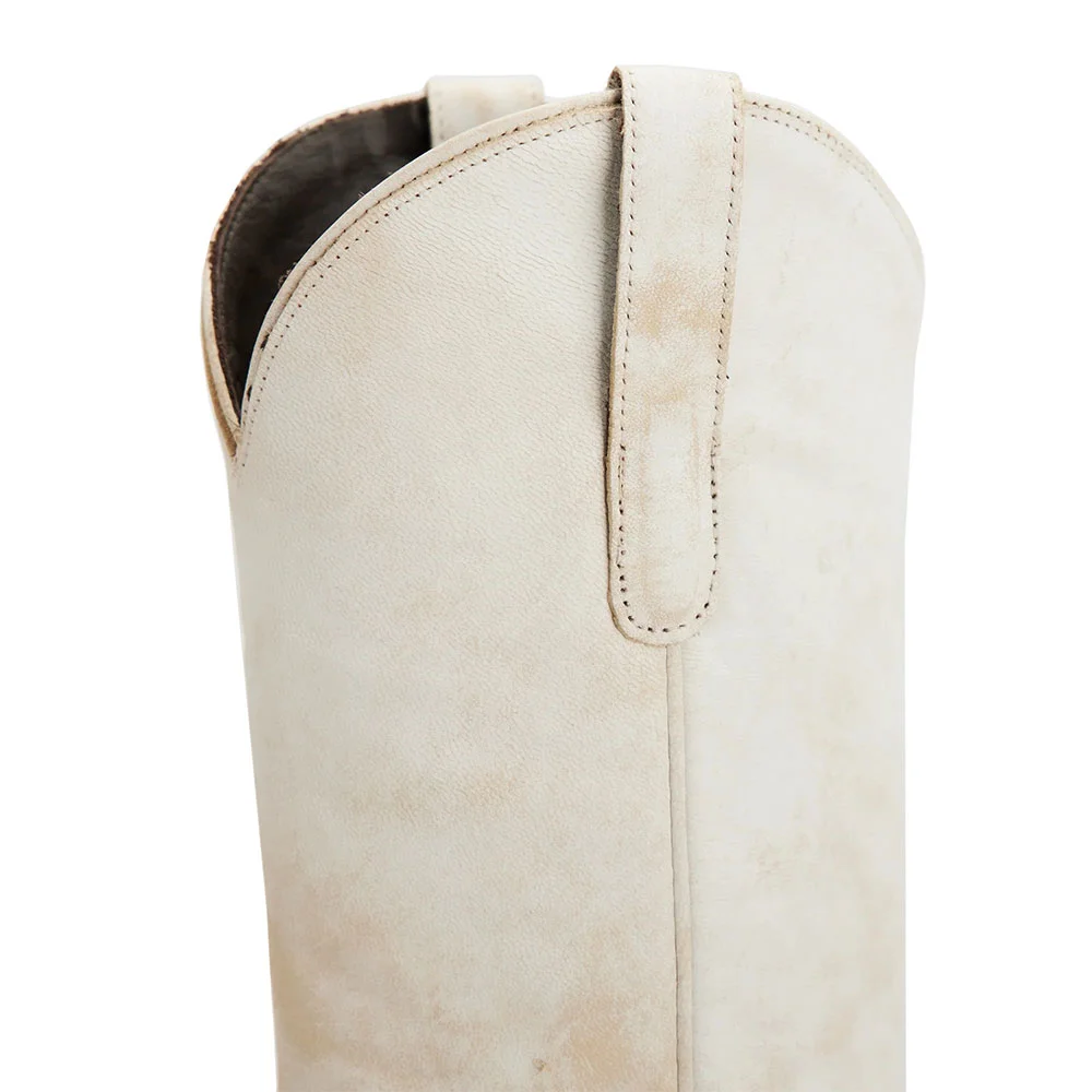 Ivory Snip Toe Chunky Heel Distressed Mid Calf Cowgirl Boots