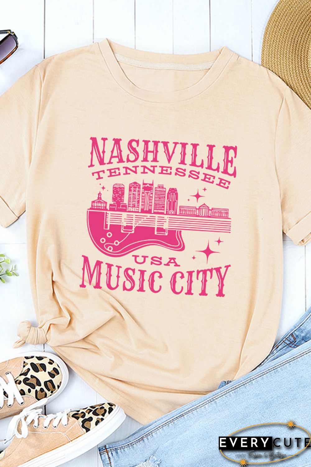 Khaki Nashville Music City Graphic Print Short Sleeve T Shirt