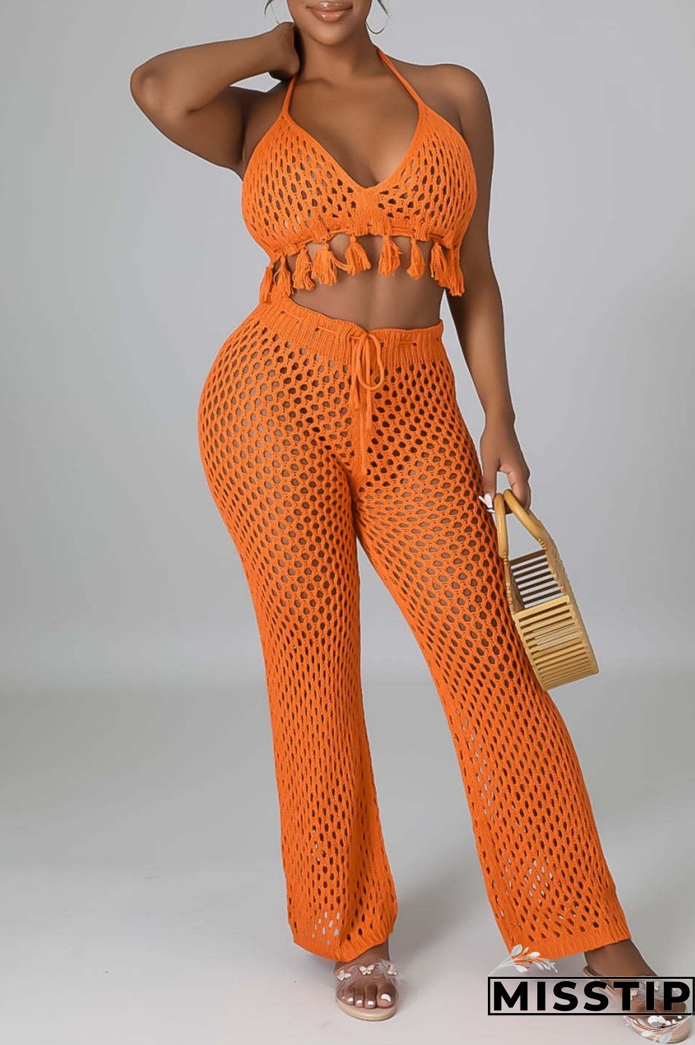 Orange Sexy Solid Bandage Hollowed Out Backless Halter Sleeveless Two Pieces