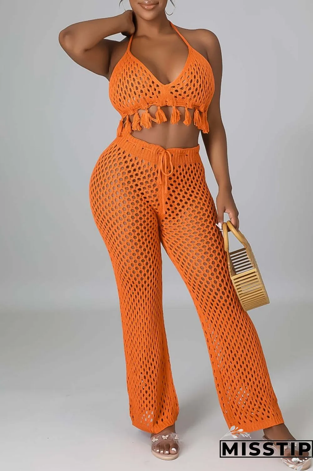 Orange Sexy Solid Bandage Hollowed Out Backless Halter Sleeveless Two Pieces
