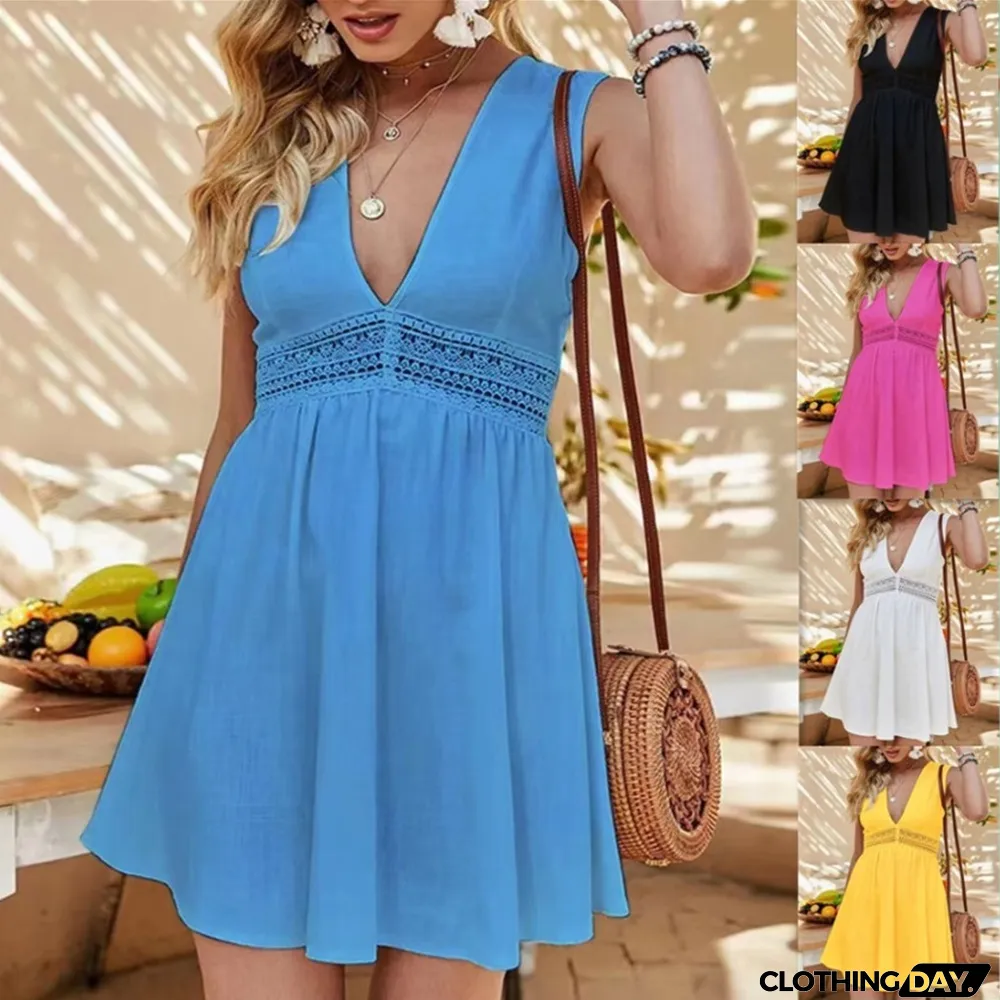 Fashion Bohemian V-neck Lace Sleeveless Hollow Casual Dress