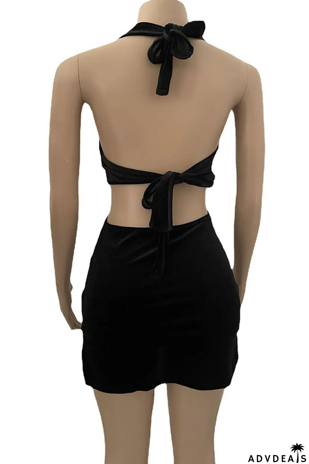 Blue Sexy Solid Hollowed Out Patchwork Halter Pencil Skirt Dresses