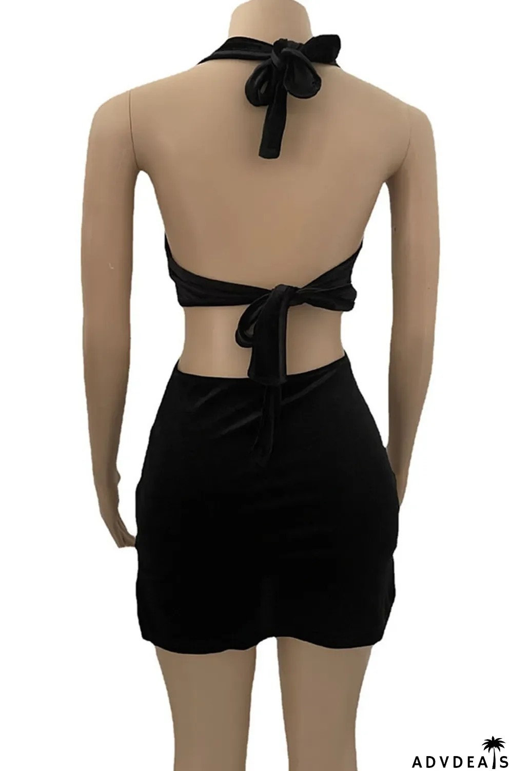 Blue Sexy Solid Hollowed Out Patchwork Halter Pencil Skirt Dresses