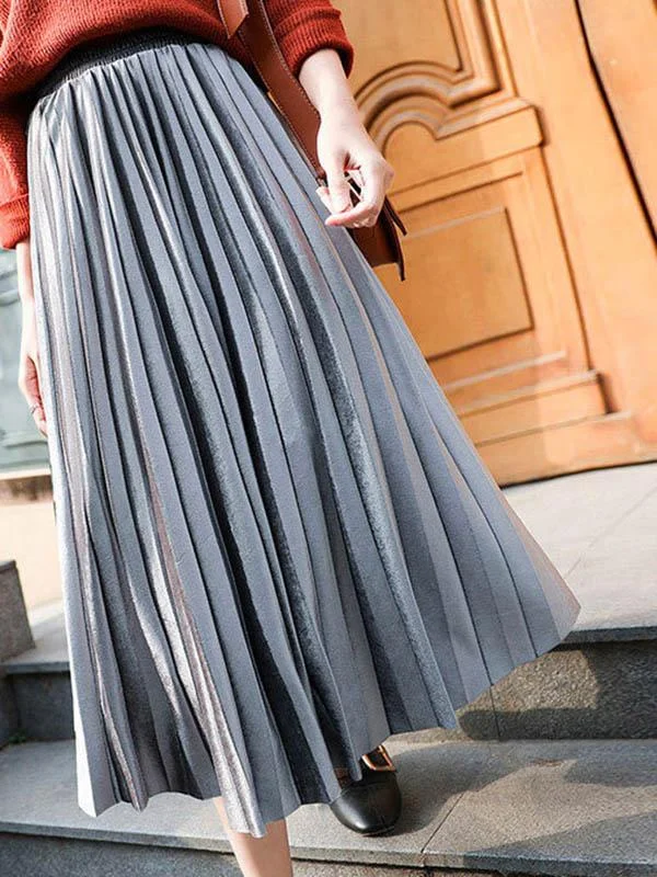 Pure Color High-Waist Pleated A-Line Skirt