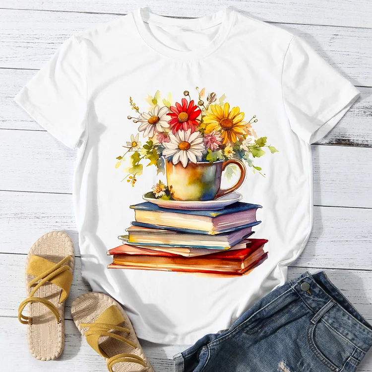 Book And Vase Woman's Round Neck T-Shirt -BSTC1638