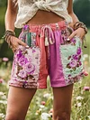 Women's Patchwork Rose Floral Contrast Waist Drawstring Pocket Shorts
