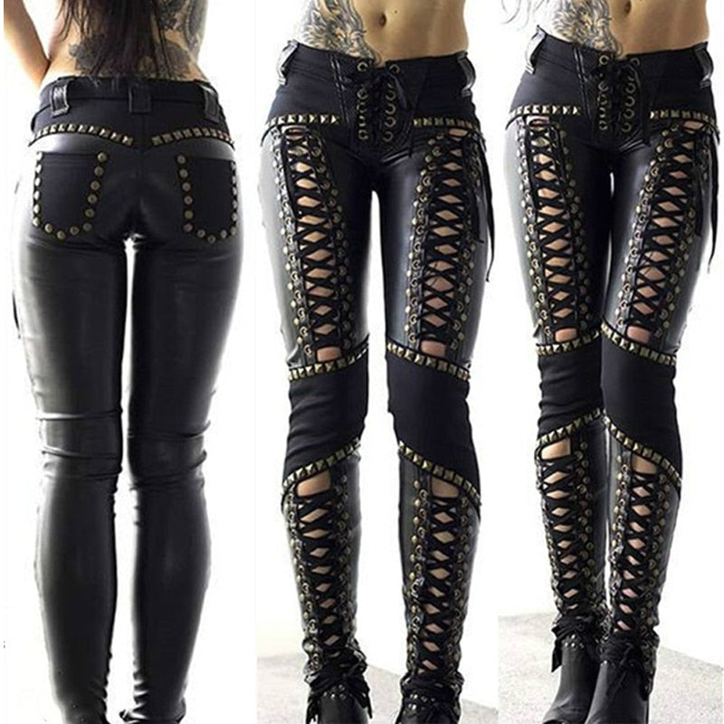 Gothic Woman Pants Faux Leather High Waist Pant Spring Summer Hollow ...