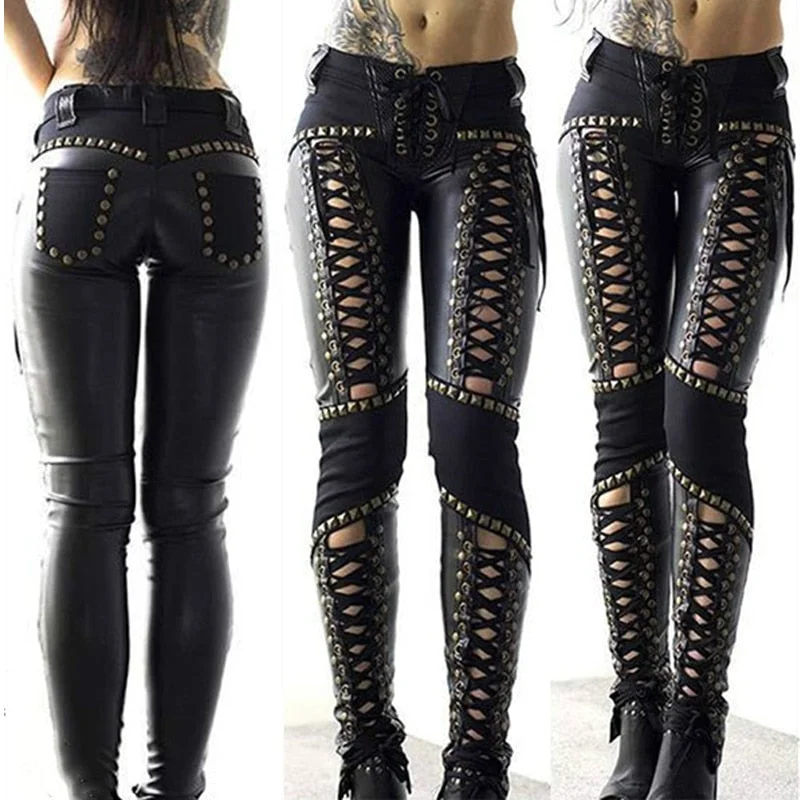 Gothic Woman Pants Faux Leather High Waist Pant Spring Summer Hollow Lace Up Punk Skinny Pants Black Fashion Trousers