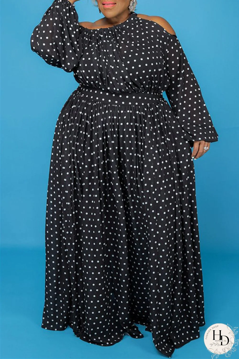 Black Fashion Casual Print Hollowed Out Oblique Collar Long Sleeve Plus Size Dresses