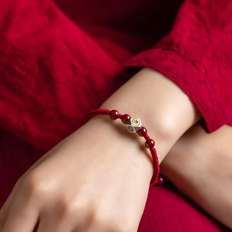 925 Sterling Silver Chinese Zodiac Natal Buddha Cinnabar Calm Bracelet