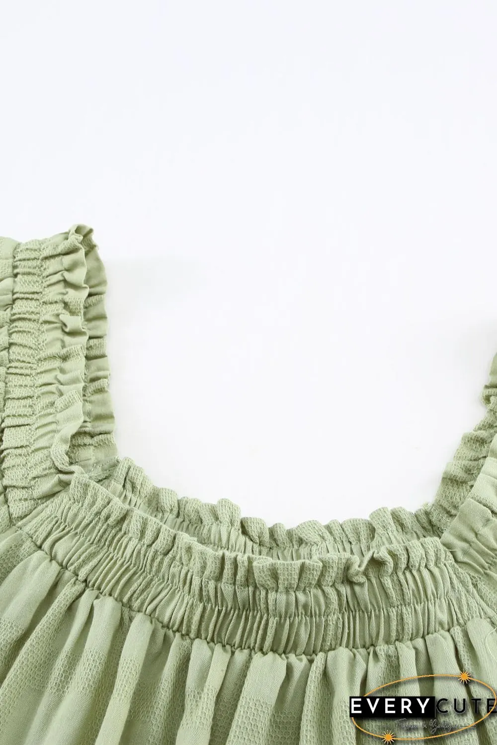Green Square Neck Jacquard Short Sleeves Top