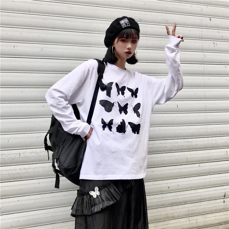 Harajuku Butterfely Tops Women Cartoon Long Sleeve T Shirts Streetwear Summer Japan Loose Casual Cute High Street Tshirt Women