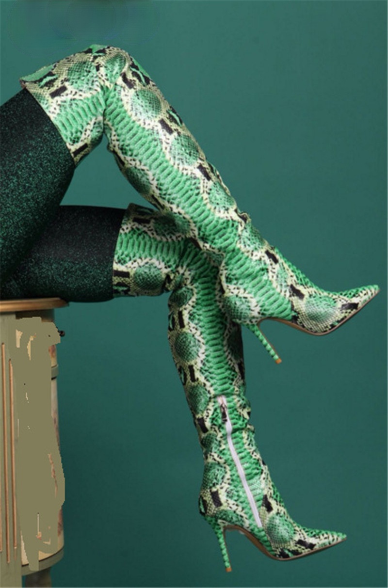 GOOSHOE Women Green Snake Prints Crotch Thigh High Boots Python Snakeskin Shoes Women Stiletto Over The Knee Boots