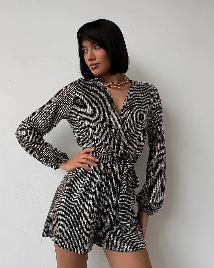 Sparkle V-Neck Long-Sleeved Dress  Stunahome.com