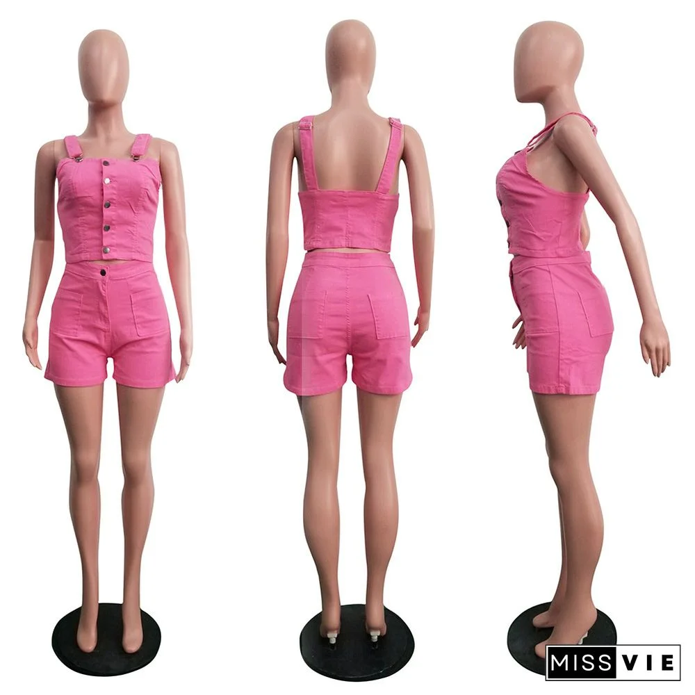 Sleeveless Crop Top and Shorts Denim Matching Set