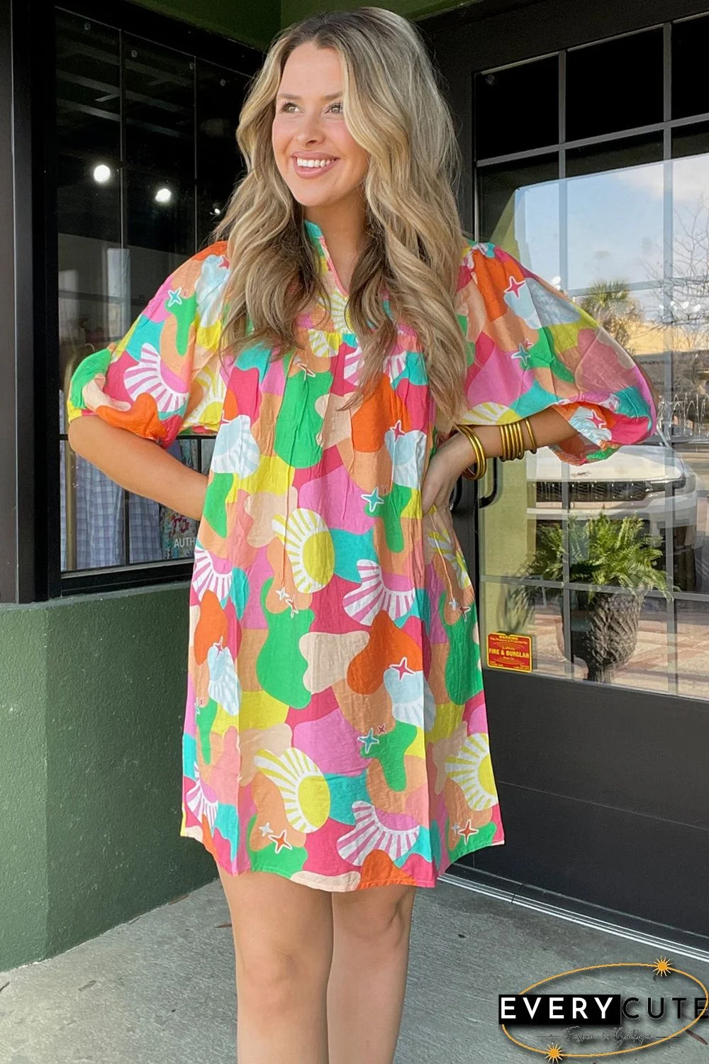 Multicolor Abstract Print Notch V Neck Puff Sleeve Dress