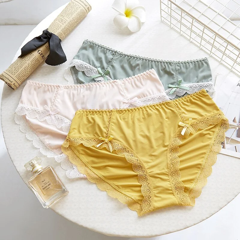 Billionm Girl Glossy Hollow Sexy Ladies Briefs Comfortable Breathable Bow Mid-waist Cotton Bottom Nylon New Lace Edge Lolita