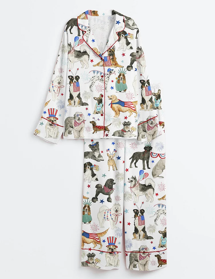 Women&rsquo;s The 4th Of July Independence Day American Dogs USA Flag Long Sleeve Satin Pajama Set