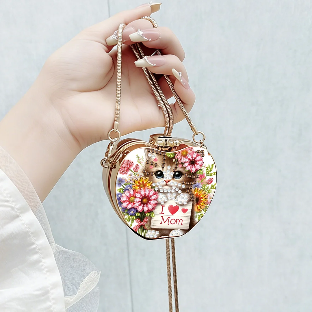 Cats and Flowers DIY Acrylic Love Diamond Art Painting Card Case Wallet with Chain Small Diamond Painting Crossbody Bag for Adults Women Girls Gift