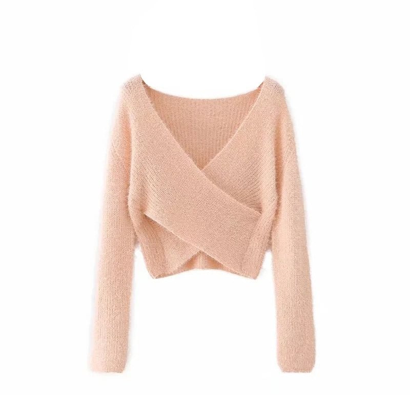 Aproms Pink Fluffy Knitted Sweater Women Autumn Winter V-neck Wrap Front Basic Cropped Pullovers Fashion Outerwear Jumper 2022