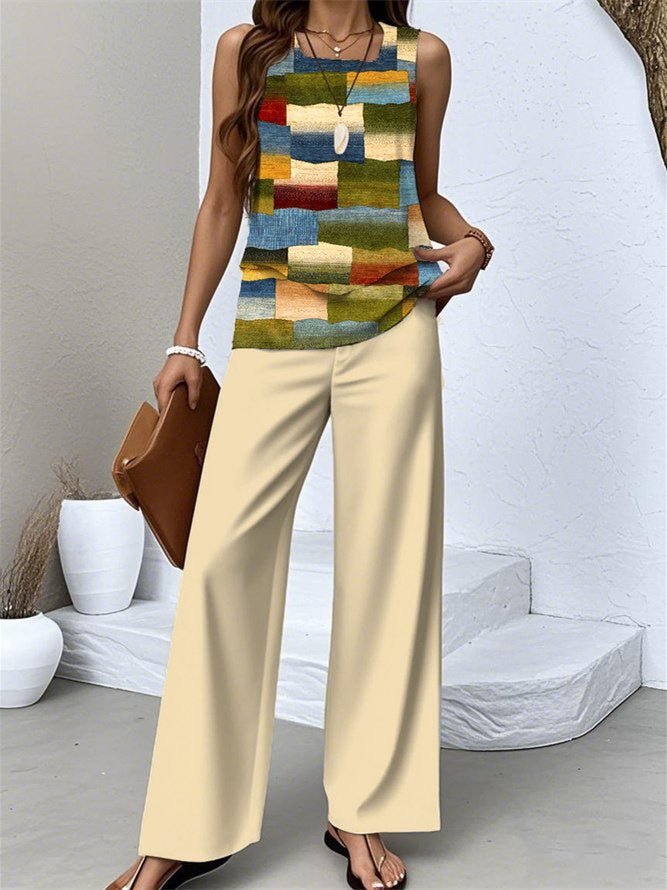 Women's Sleeveless Square Collar Graphic Printed Casual Set