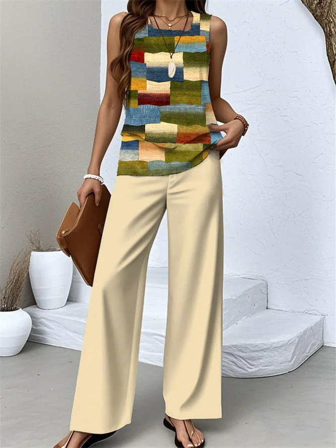 Women's Sleeveless Square Collar Graphic Printed Casual Set