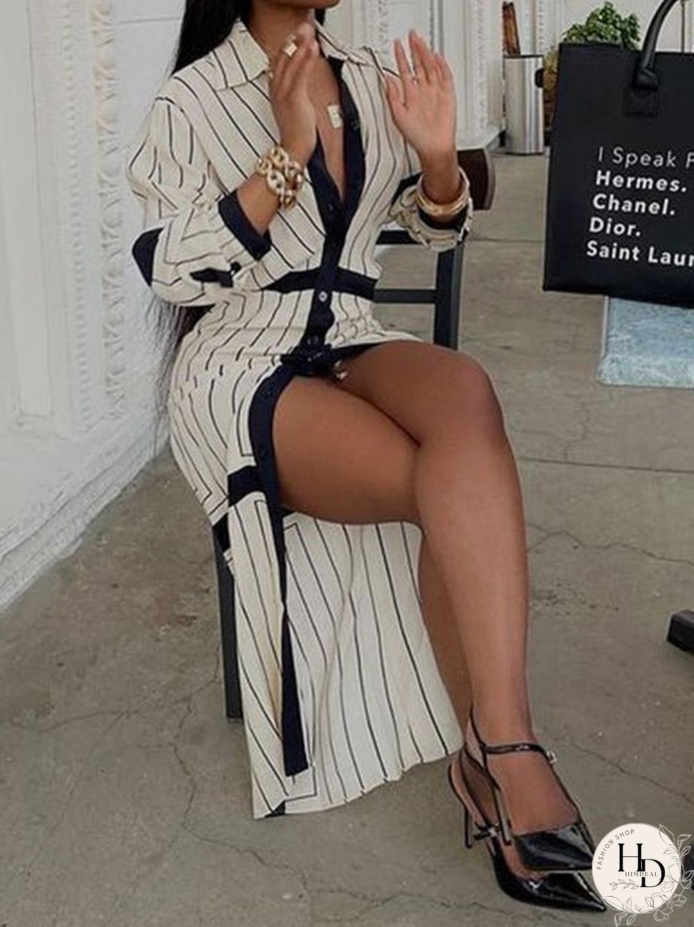 Women'S Dresses Striped Lapel Button Long Sleeve Shirt Dress