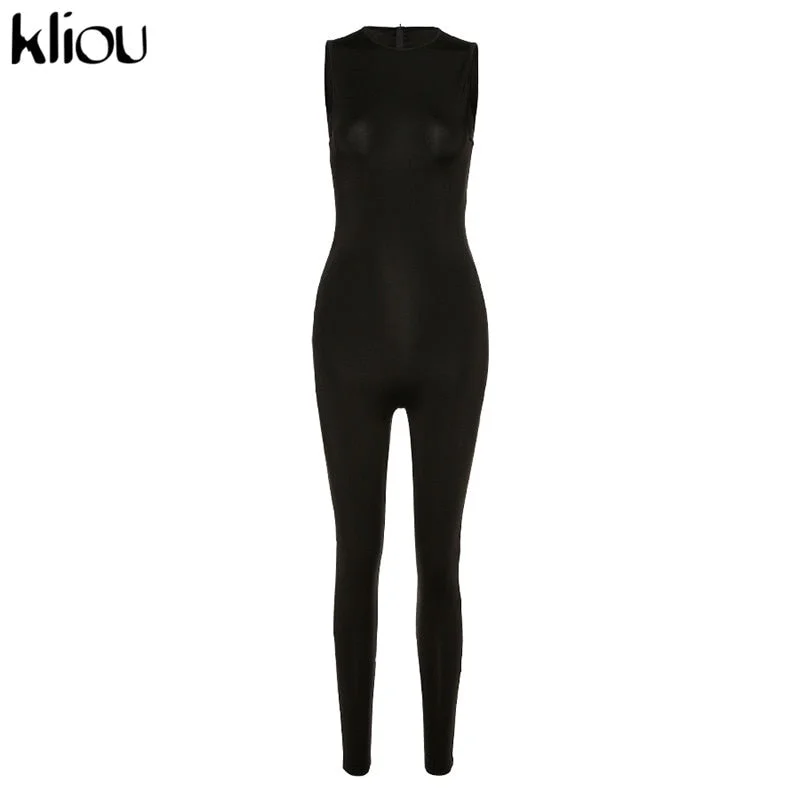 Kliou new jumpsuit women elastic hight casual fitness sporty rompers sleeveless zipper activewear skinny summer outfit