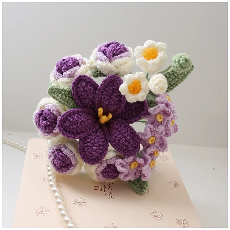 Lulusnow Handmade Purple Lily Rose Bell Orchid Crochet Flowers Bouquet Wedding/Forever Loving Girlfriend/Wife/Bride Gift