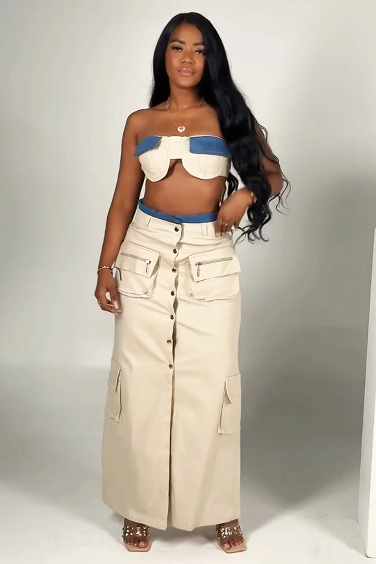 Patchwork Tube Top Cargo Button Maxi Skirt Denim 2pcs Set-Beige [Pre Order]