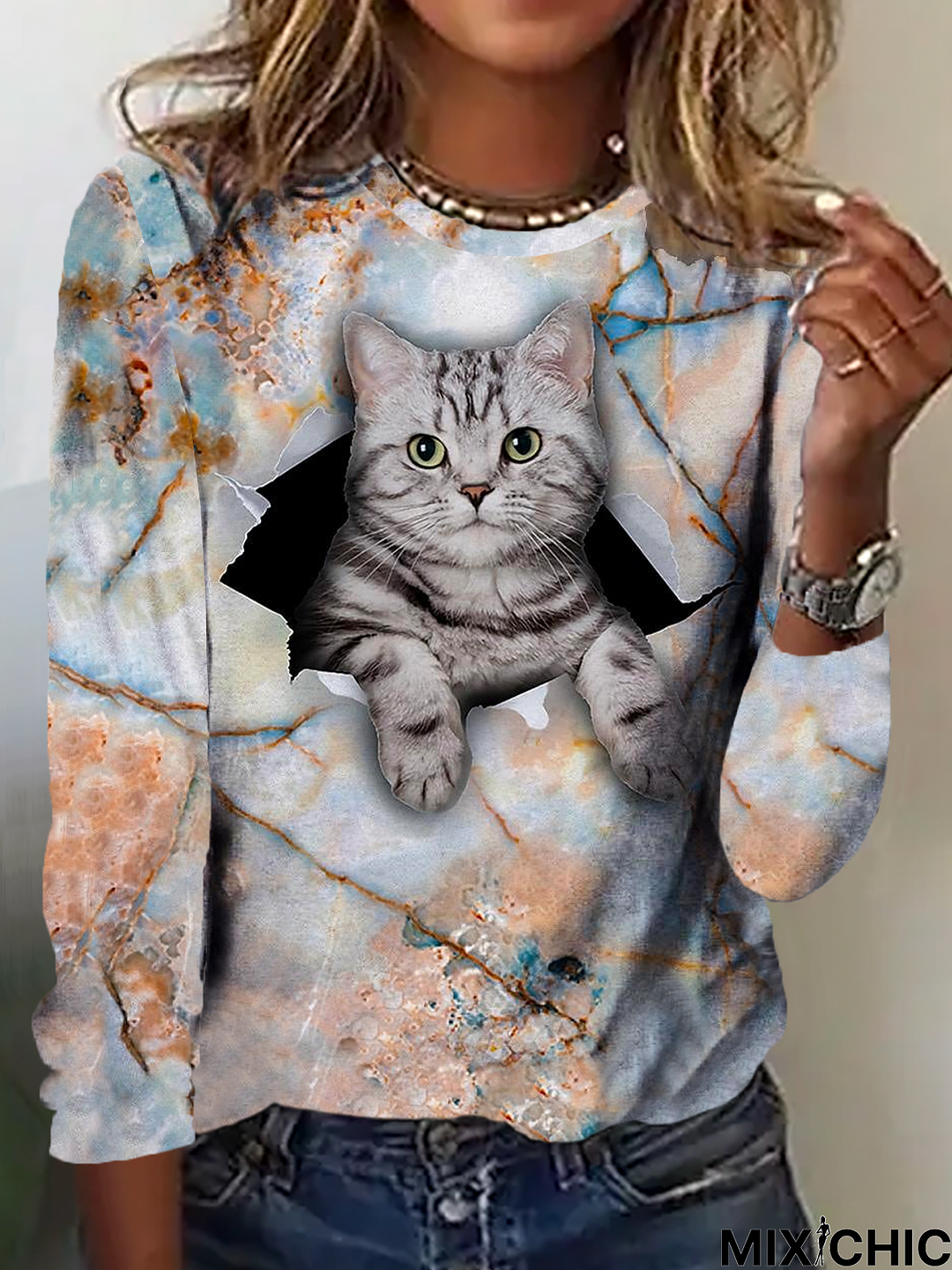 Crew Neck Casual Cat T-Shirt