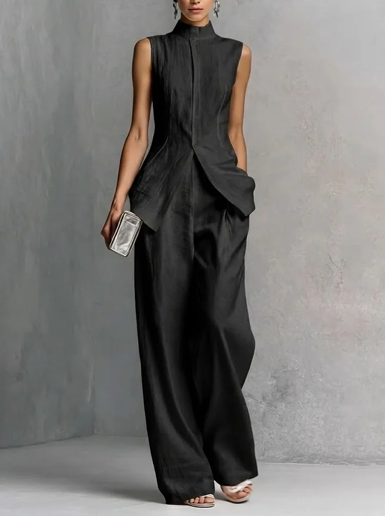 Stylish Slim-fit Sleeveless Linen And Cotton Two-piece Set