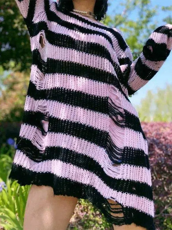 Brownm Distressed Stripe Longline Sweater