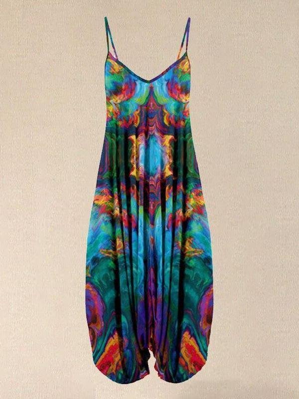 2021 Hot Sale Women Turquoise & Red Abstract Sleeveless Harem Jumpsuit
