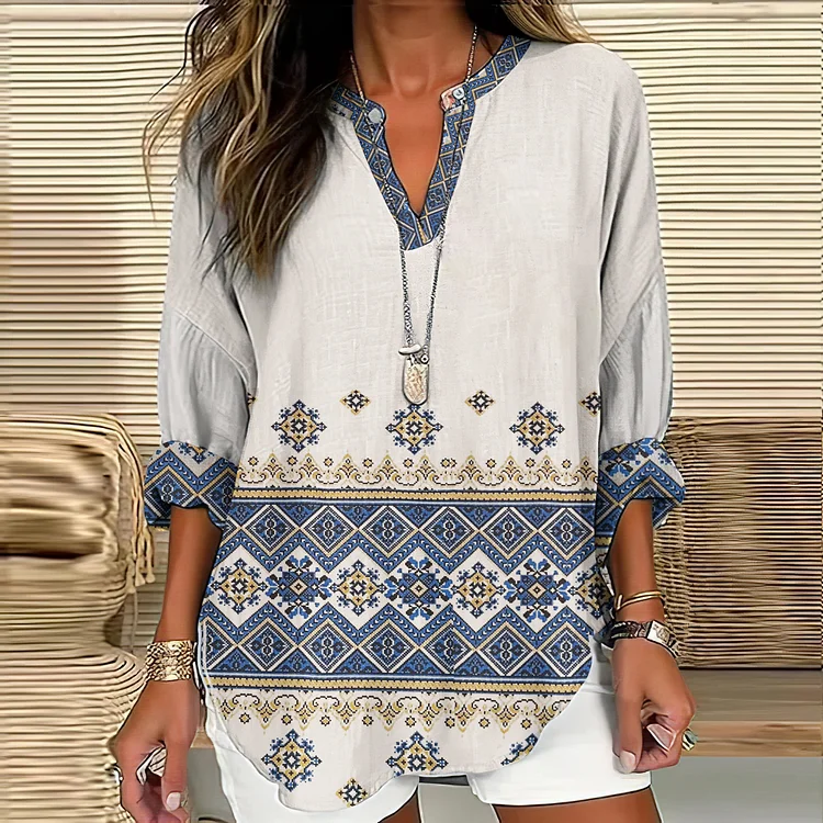 VChics Women's Ukraine Art V-neck Casual Linen Blend Blouse