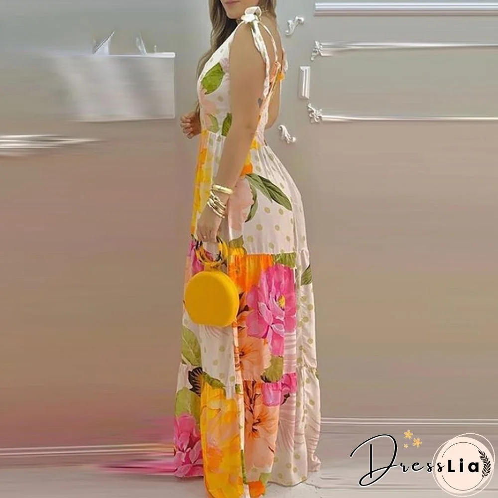 Women's Elegant Floral Print Sleeveless V-neck Dress Maxi Summer Holiday Dress Dresses Length Sleeve Style Sleeve Length(cm) Age