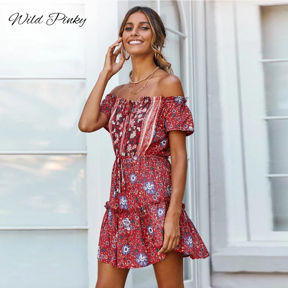 WildPinky Vintage Women Summer Beach Floral Boho Dress Loose Printing Sexy Off the Shoulder Mini Dress female vestidos Bohemia