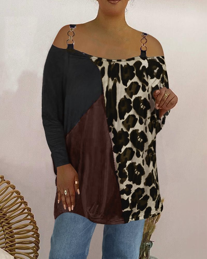 Fashion long-sleeved strap leopard print stitching plus size top