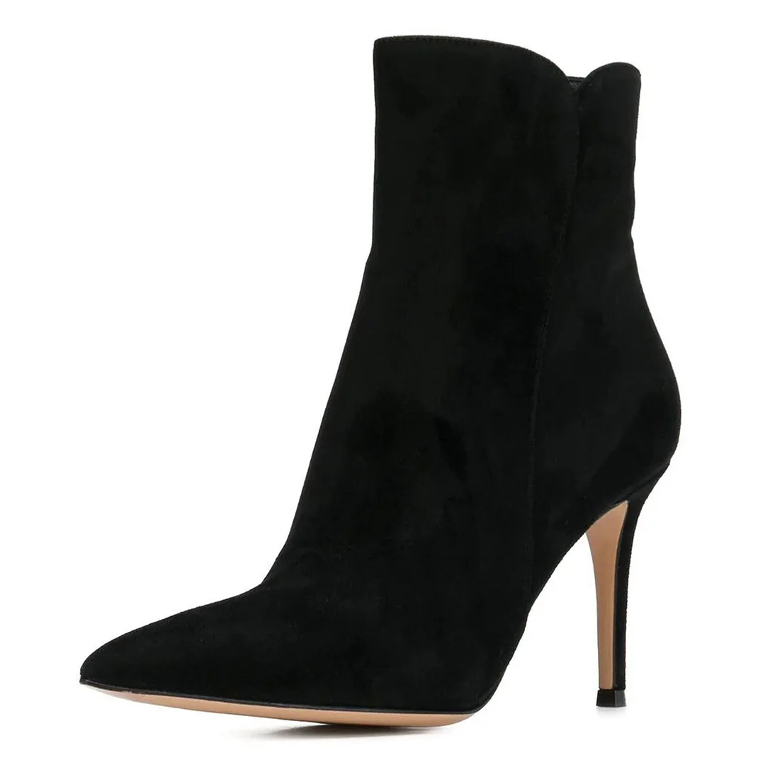 YDN Women's Vegan Suede Side Zipper Pointed Toe Black Heel Booties